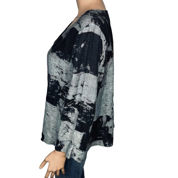 Habitat Clothes to Live In abstract print linen blouse Small BlackGrey Lagenlook - Picture 2 of 11